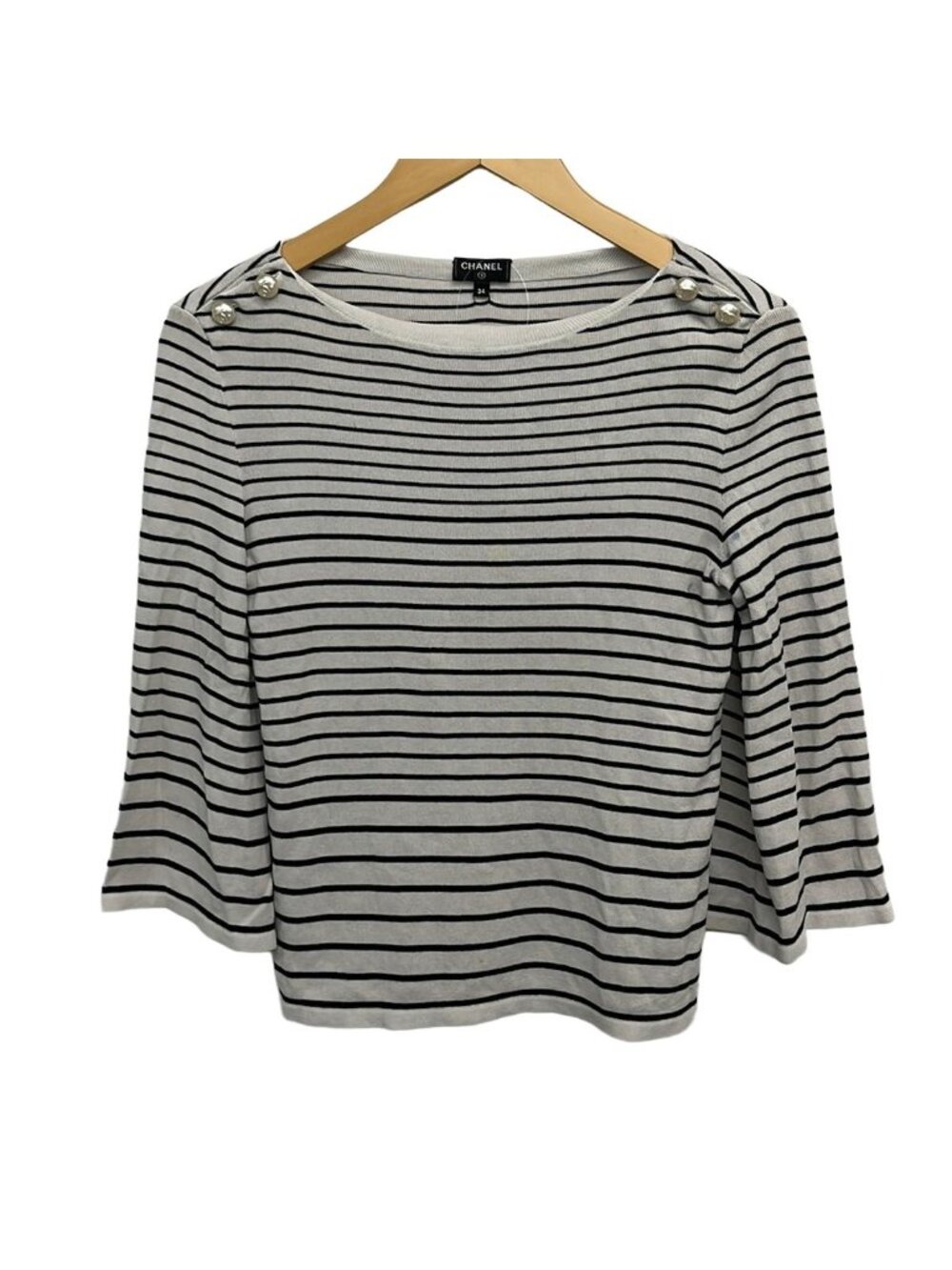 Chanel 3/4 Sleeve Sweater 34 S Ivory Black Border Pearl Button
